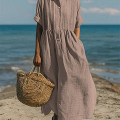 Sage green collared button dress with short sleeves and gathered waist