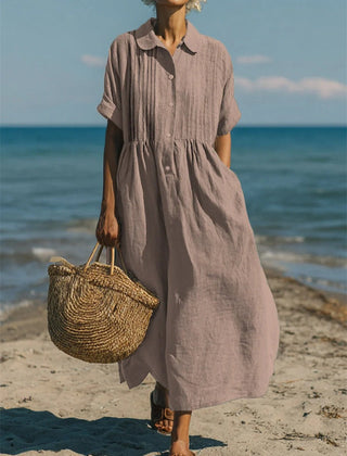Sage green collared button dress with short sleeves and gathered waist
