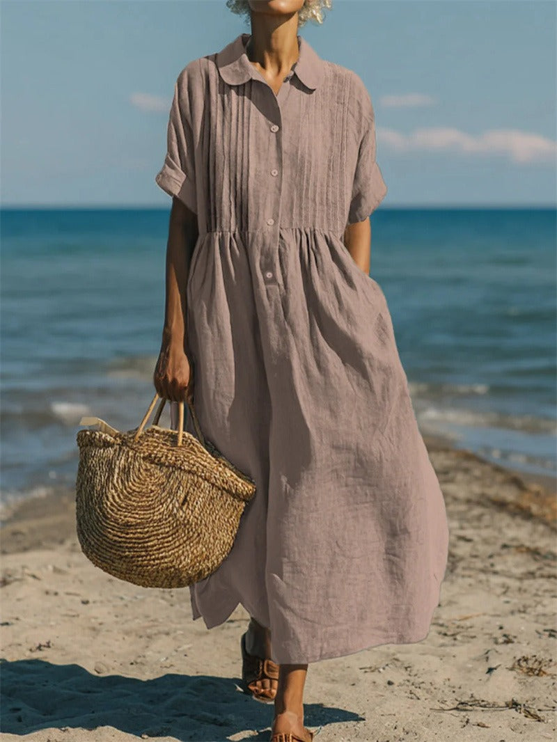 Sage green collared button dress with short sleeves and gathered waist