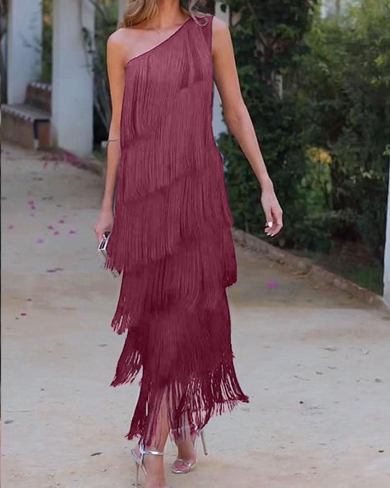 Rose one-shoulder fringe dress with layered tassel tiers and fitted silhouette