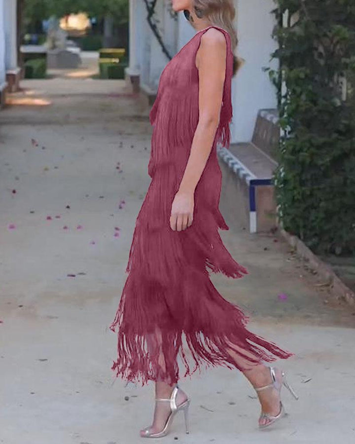 Off-shoulder tiered fringe maxi dress in rose red, sleeveless with fringe tiers