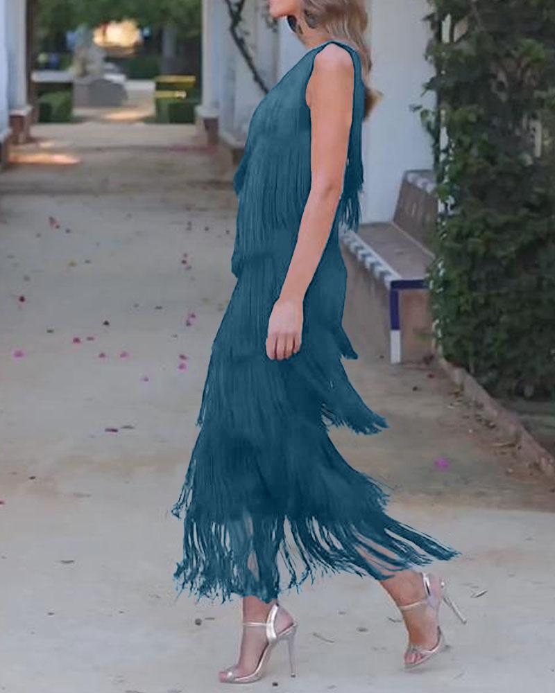 Off-shoulder tiered fringe maxi dress in lake blue, sleeveless with flowing fringe