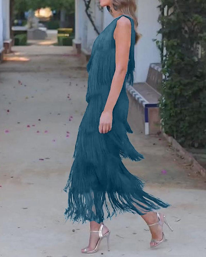 Off-shoulder tiered fringe maxi dress in lake blue, sleeveless with flowing fringe