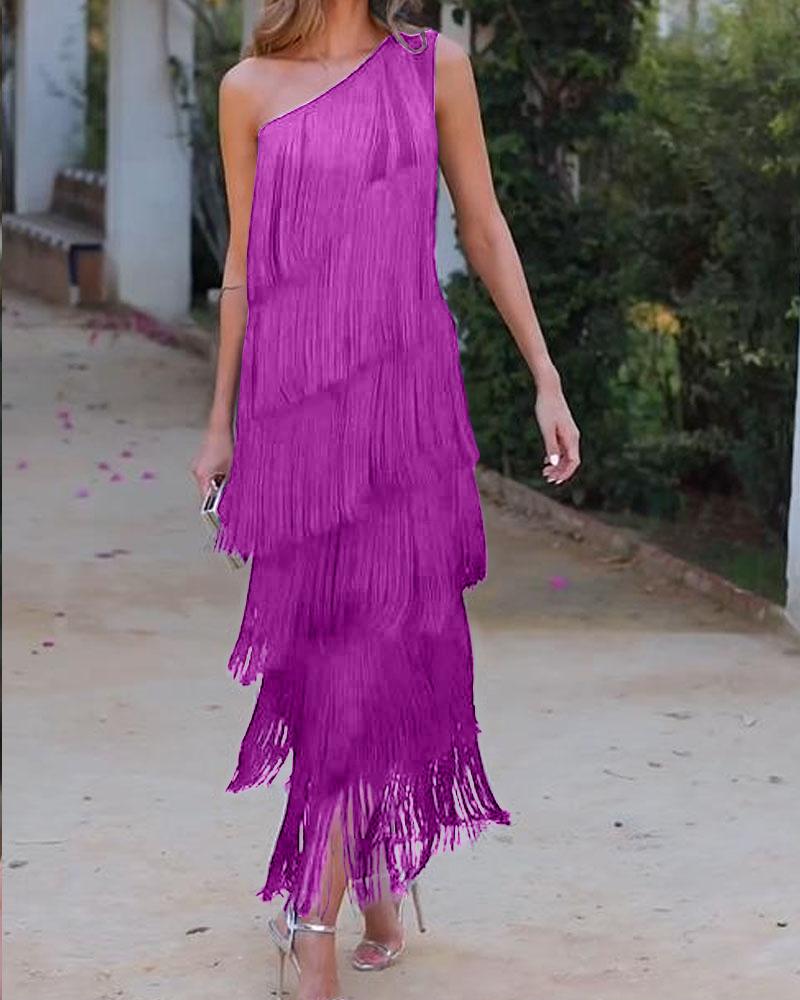 Purple one-shoulder fringe dress with layered tassel tiers and fitted silhouette