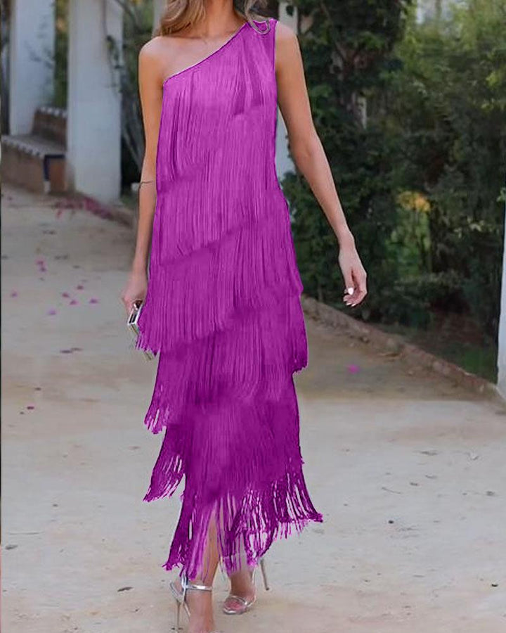 Purple one-shoulder fringe dress with layered tassel tiers and fitted silhouette