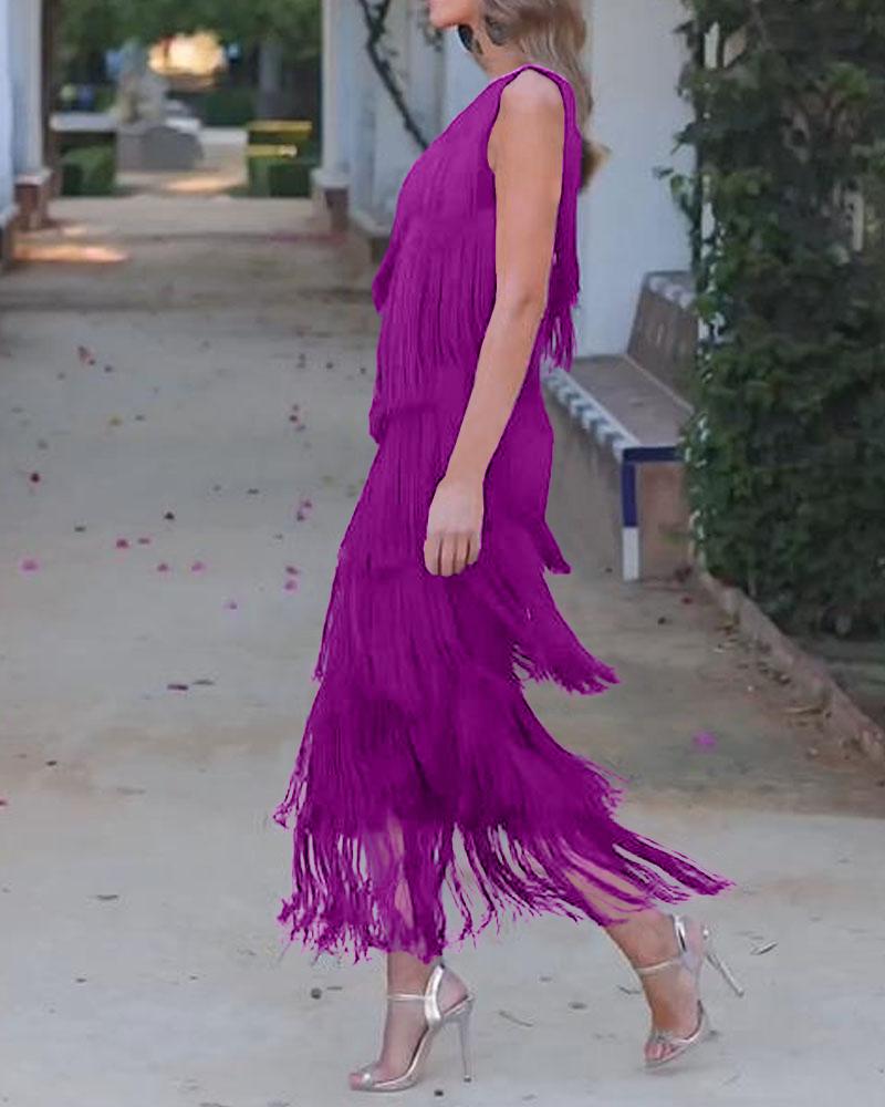 Off-shoulder tiered fringe maxi dress in raspberry red, sleeveless with fringe tiers