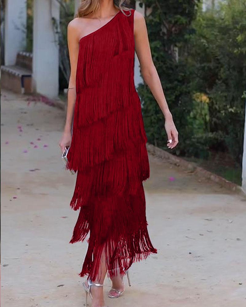 Red one-shoulder fringe dress with layered tassel tiers and fitted silhouette