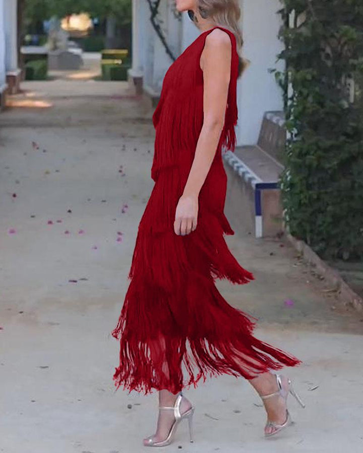 Off-shoulder tiered fringe maxi dress in red, sleeveless with flowing fringe hem