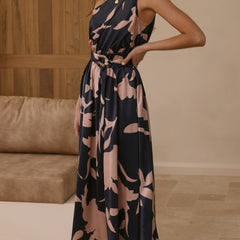 Navy sleeveless maxi dress with pink floral print, fitted waist belt, V-neck.