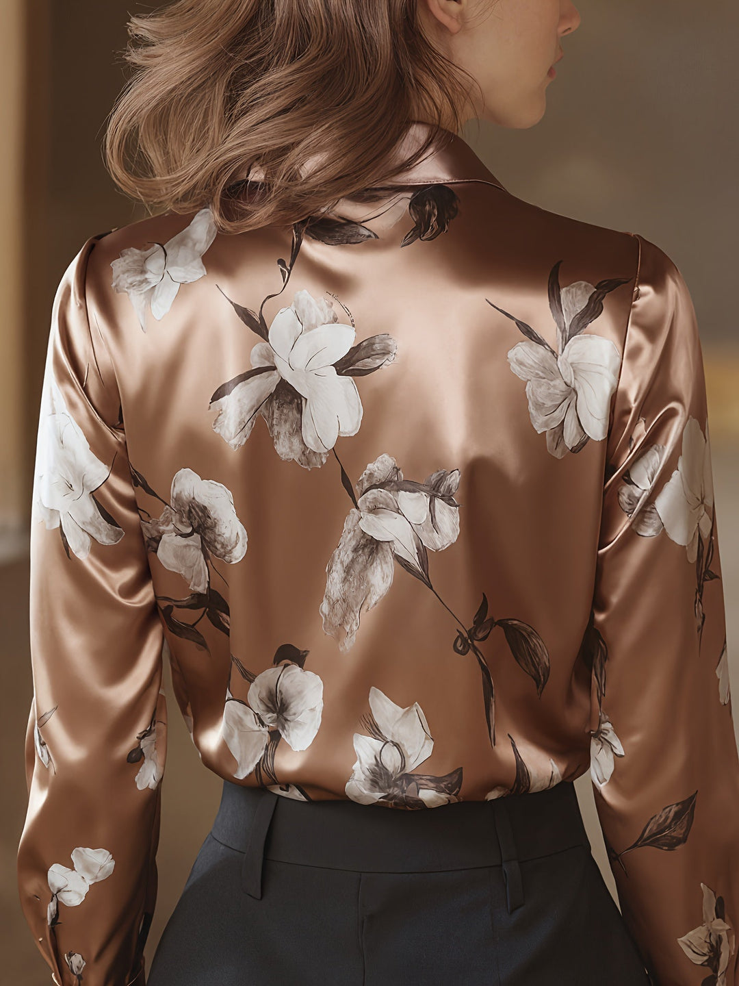 Coffee-brown satin blouse with back floral print and button collar