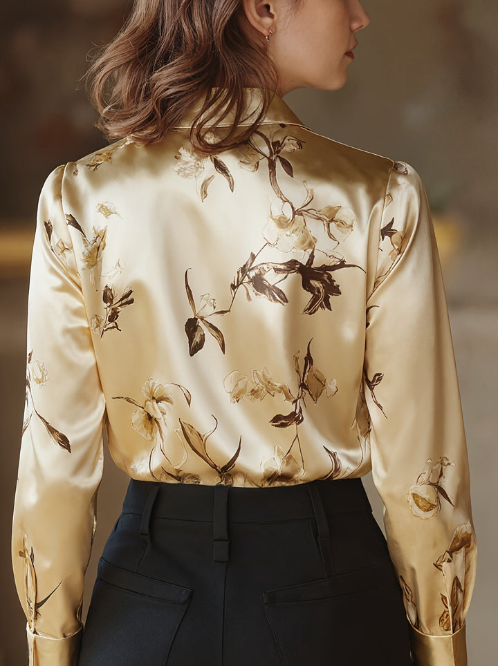 Gold satin blouse with back floral print and button collar