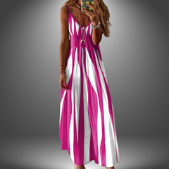 Angela™ handmade long dress, sleeveless V-neck, pink and white vertical stripe pattern