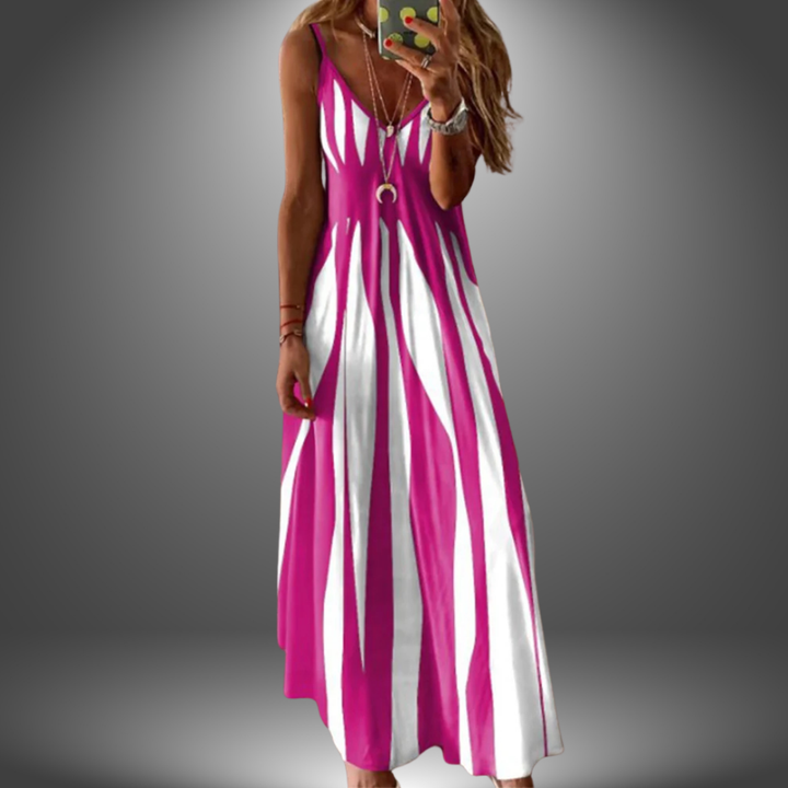Angela™ handmade long dress, sleeveless V-neck, pink and white vertical stripe pattern