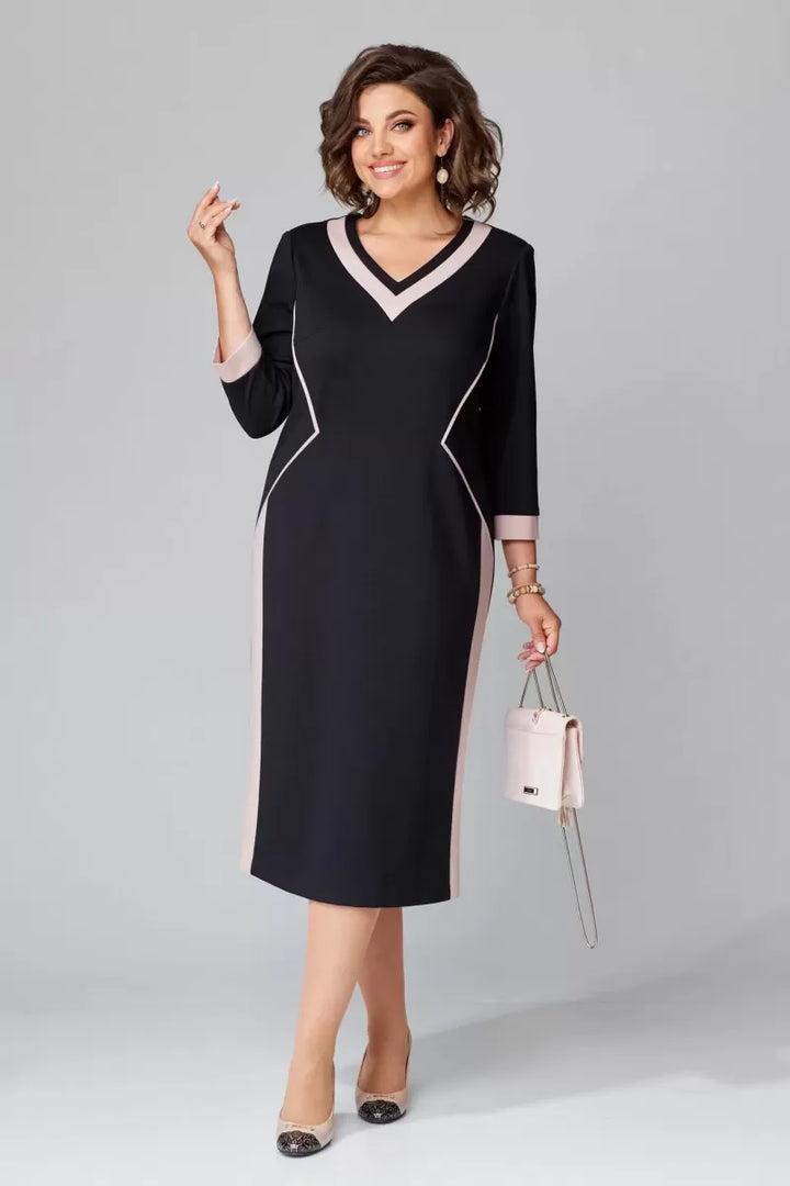 Black knee-length V-neck dress with contrast white trim and long side panel detail