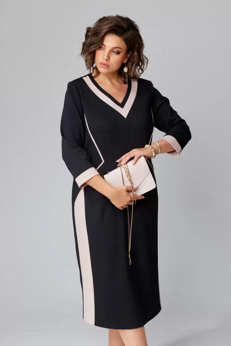 Black V-neck midi dress with contrast white trim along seams, 3/4 sleeves