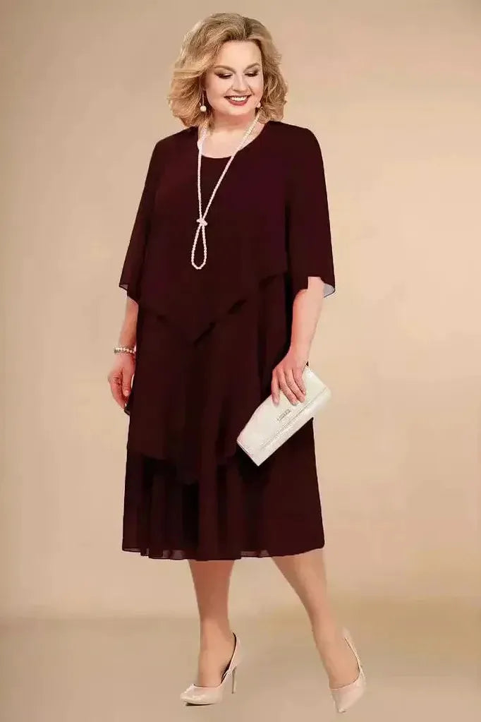 Tummy-covering dress in dark red, layered asymmetrical hem, elbow-sleeve, loose fit
