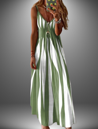 Angela™ handmade long dress, sleeveless V-neck, light green and white vertical stripe pattern