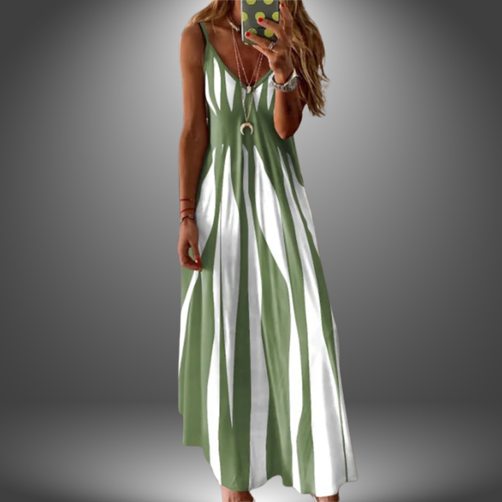 Angela™ handmade long dress, sleeveless V-neck, light green and white vertical stripe pattern