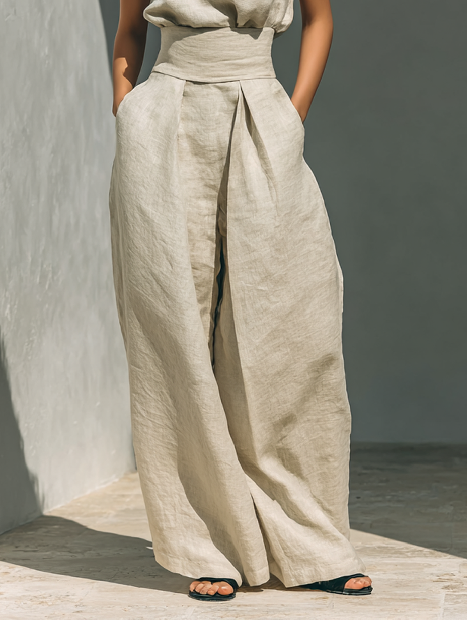 High-waist wide-leg dress with side pleats and wrap tie in light khaki