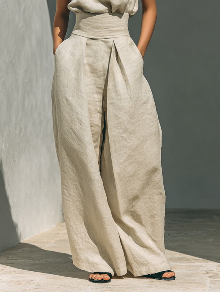 High-waist wide-leg dress with side pleats and wrap tie in light khaki