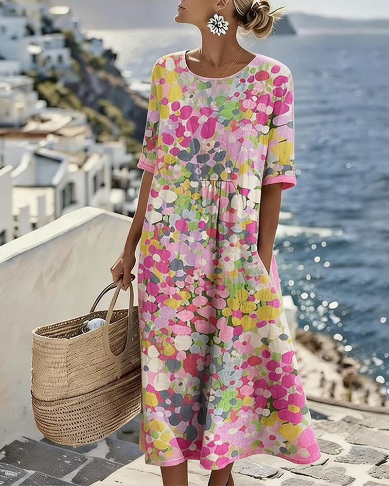 Pink floral summer midi dress with short sleeves, round neckline, gathered waist