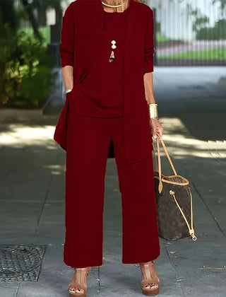 Burgundy 3-piece lounge set with long tunic, front pocket, and wide-leg pants
