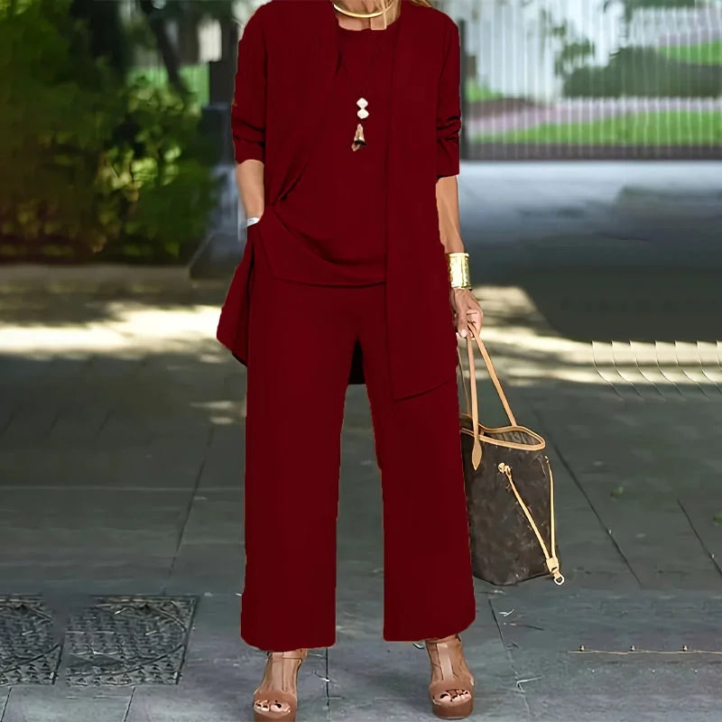 Burgundy 3-piece lounge set with long tunic, front pocket, and wide-leg pants