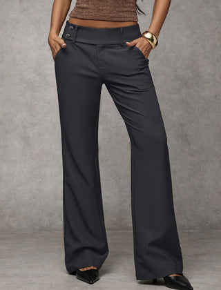 Dark gray high-rise wide-leg trousers with button closure and belt loops