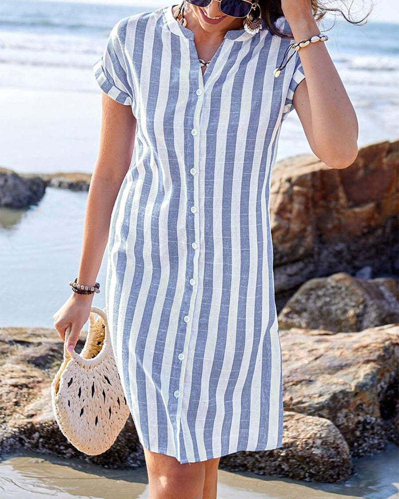 Blue and white vertical striped cotton button-front shirt dress, short sleeves