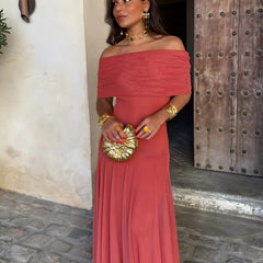 Toledo maxi dress in berry red, off-shoulder neckline and pleated full-length skirt