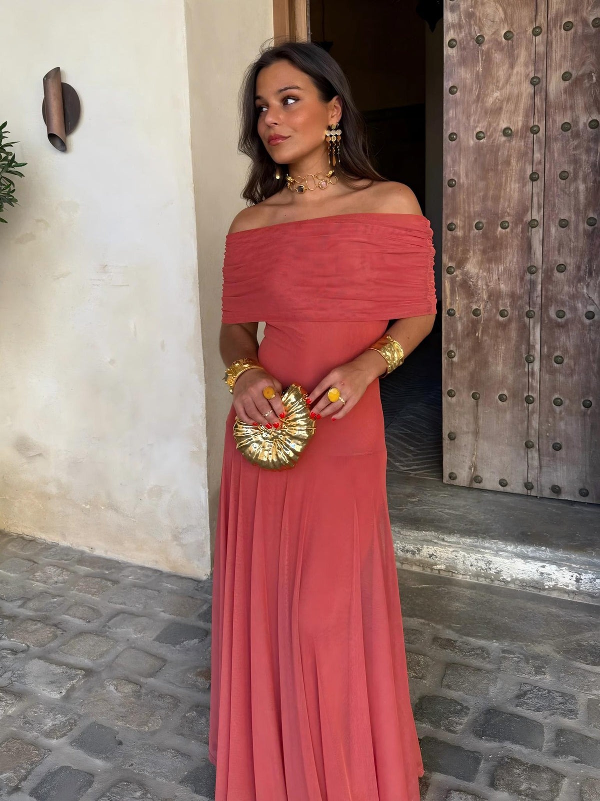 Toledo maxi dress in berry red, off-shoulder neckline and pleated full-length skirt