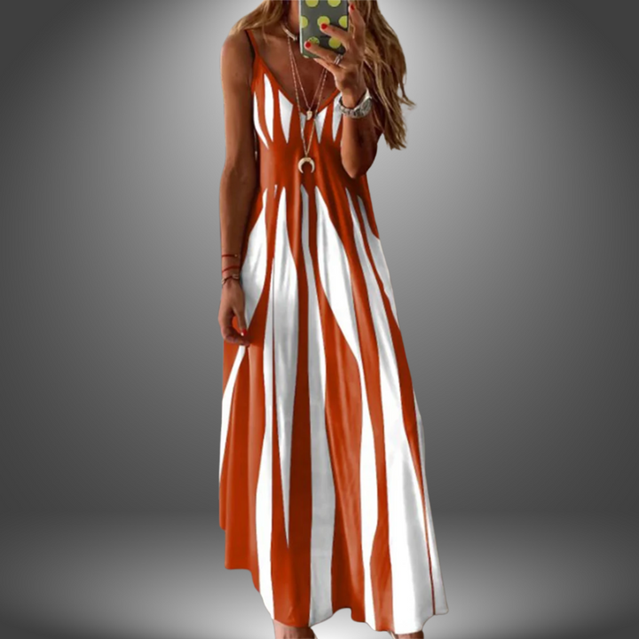 Angela™ handmade long dress, sleeveless V-neck, orange and white vertical stripe pattern