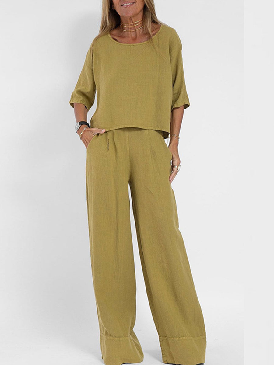 Yellow two-piece set: loose short-sleeve blouse and high-rise wide-leg pants