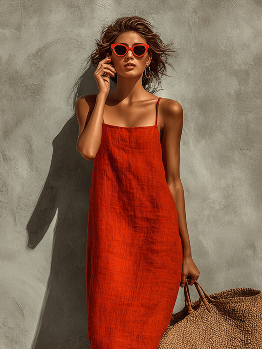 Red sleeveless midi dress with square neckline and thin spaghetti straps, textured woven look
