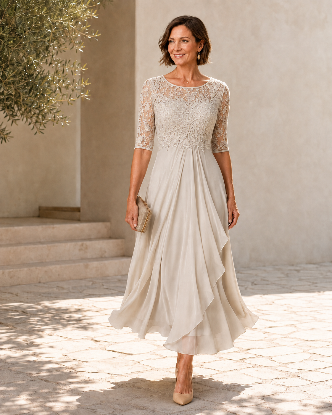 Ivory lace midi dress with 3/4 sleeves, gathered waist and draped layered hem