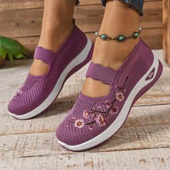 Purple knit orthopedic comfort slip-on shoes with floral embroidery and cushioned sole