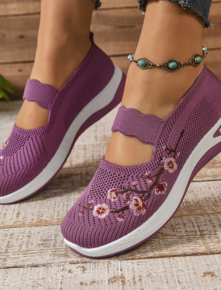 Purple knit orthopedic comfort slip-on shoes with floral embroidery and cushioned sole