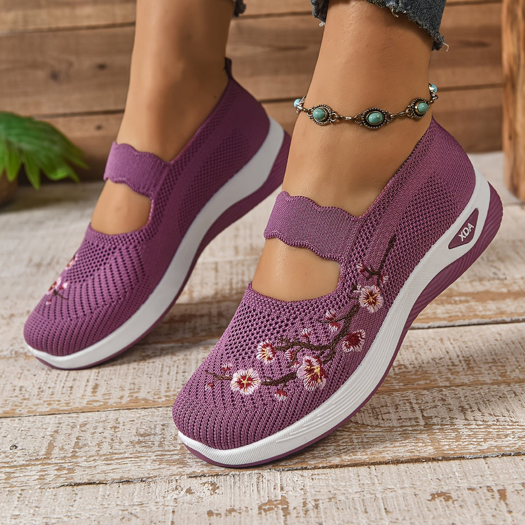 Purple knit orthopedic comfort slip-on shoes with floral embroidery and cushioned sole