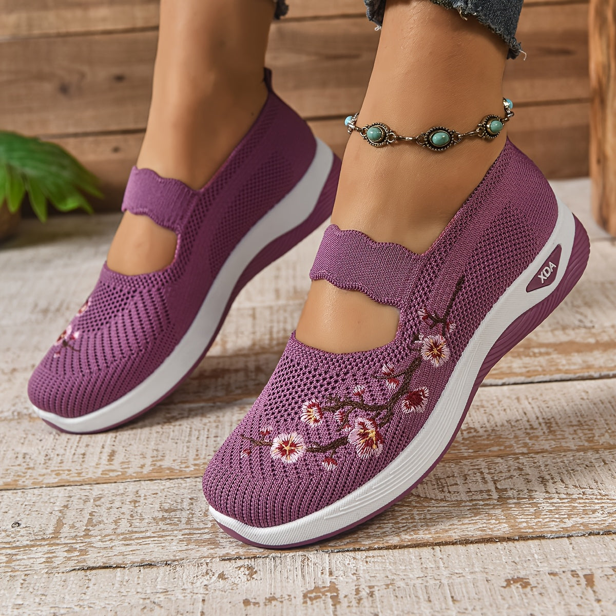 Purple knit orthopedic comfort slip-on shoes with floral embroidery and cushioned sole