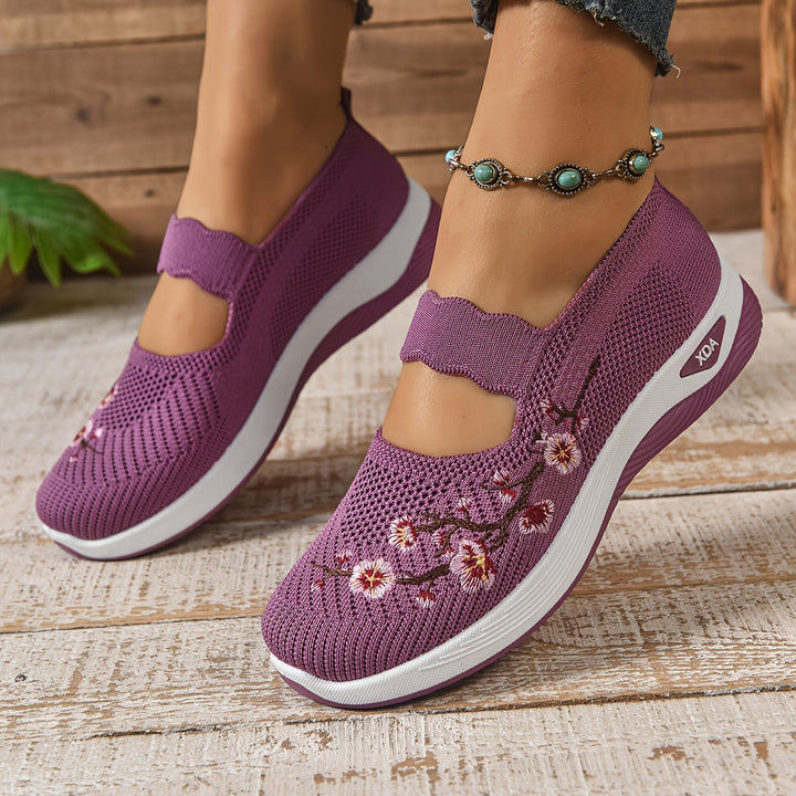 Purple knit orthopedic comfort slip-on shoes with floral embroidery and cushioned sole