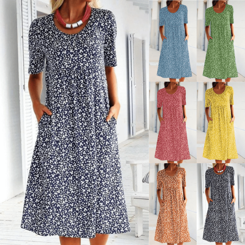 Dark blue round-neck floral dress with short sleeves and gathered midi hem