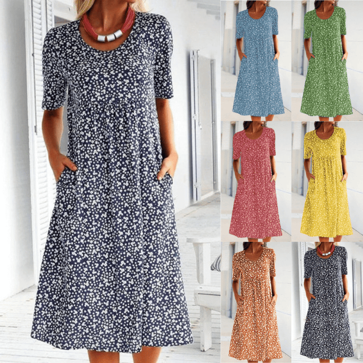 Dark blue round-neck floral dress with short sleeves and gathered midi hem