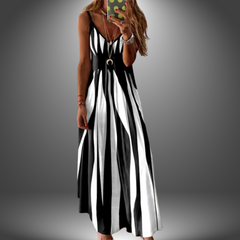 Angela™ handmade long dress, sleeveless V-neck, black and white vertical stripe pattern