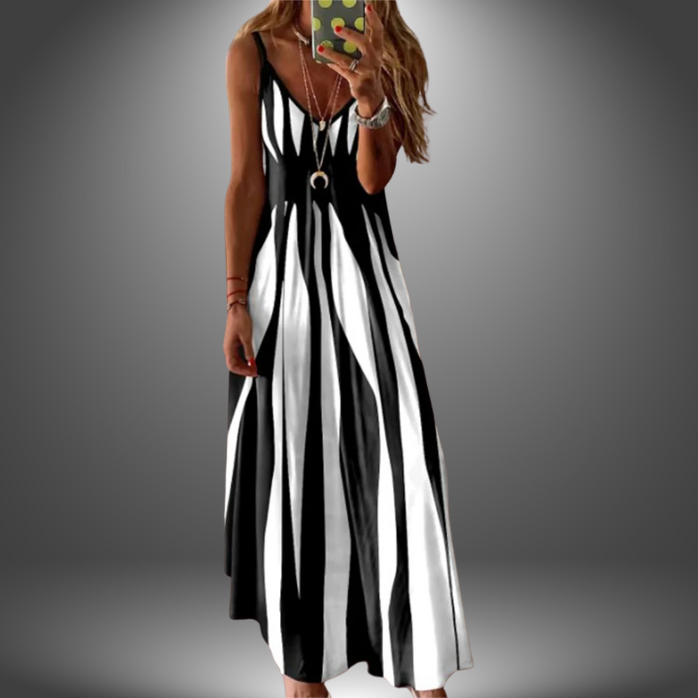 Angela™ handmade long dress, sleeveless V-neck, black and white vertical stripe pattern