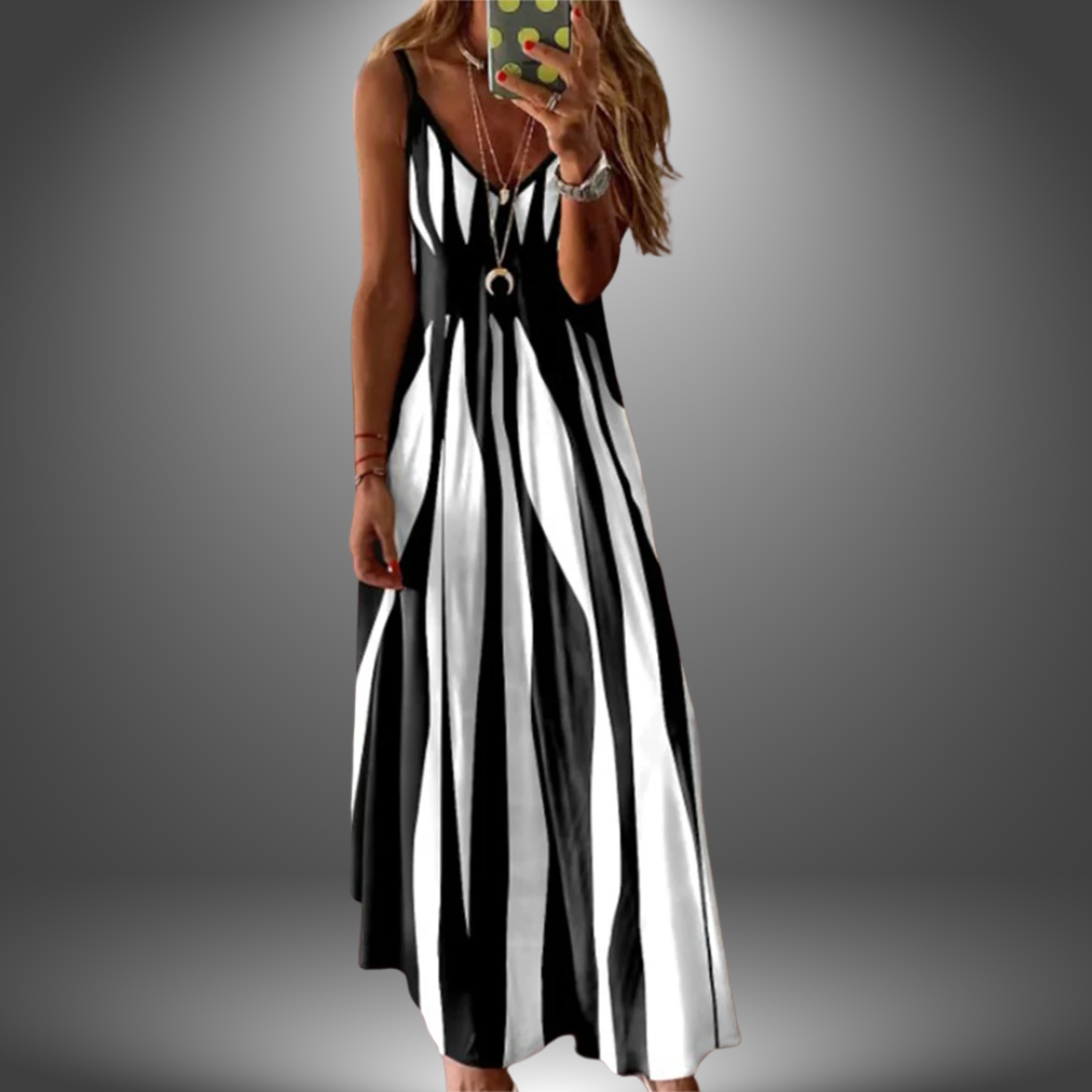 Angela™ handmade long dress, sleeveless V-neck, black and white vertical stripe pattern