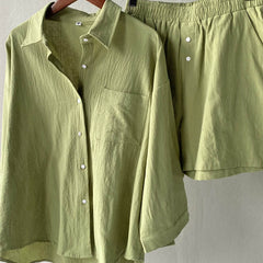 Green button-front shirt and elastic-waist shorts set