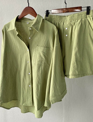 Green button-front shirt and elastic-waist shorts set
