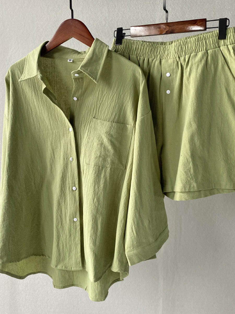 Green button-front shirt and elastic-waist shorts set