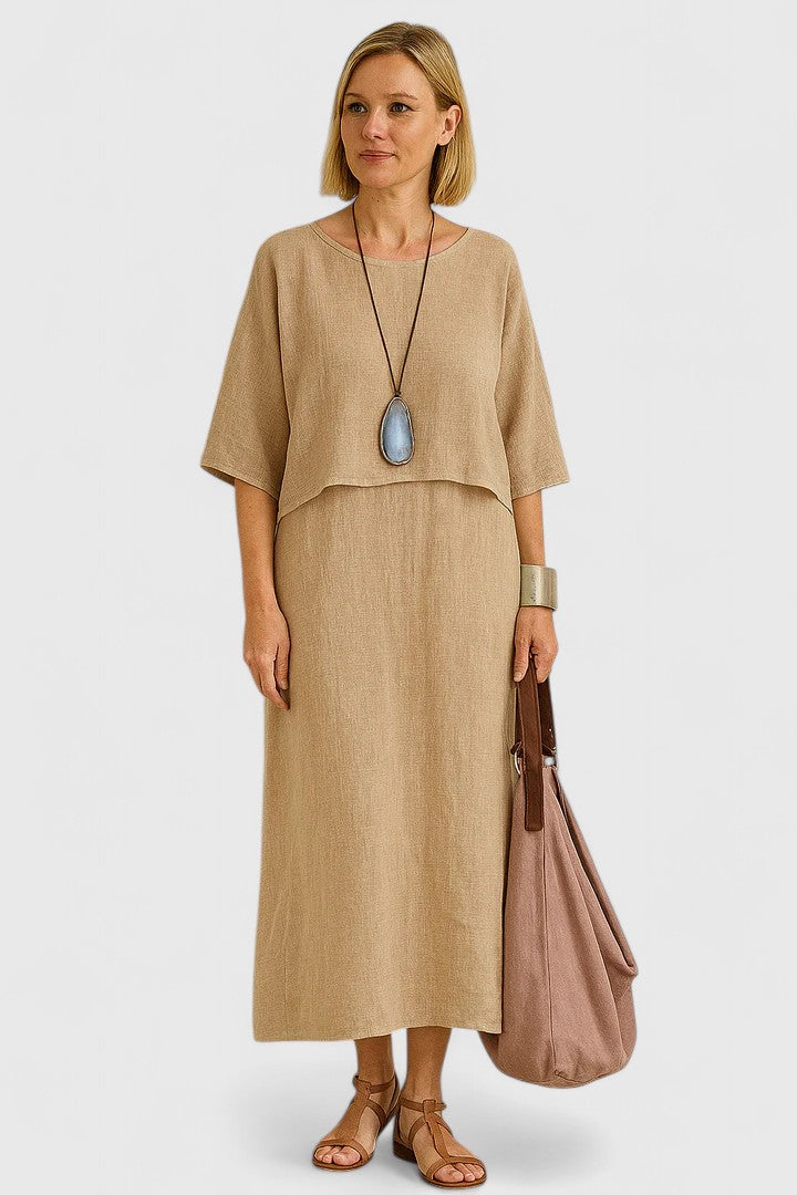 Khaki two-piece set with loose short-sleeve top and flowing ankle-length skirt