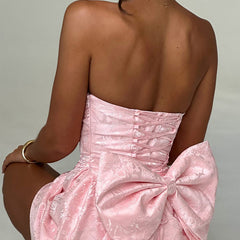 Pink jacquard mini dress showing back view, corset lacing and large waist bow